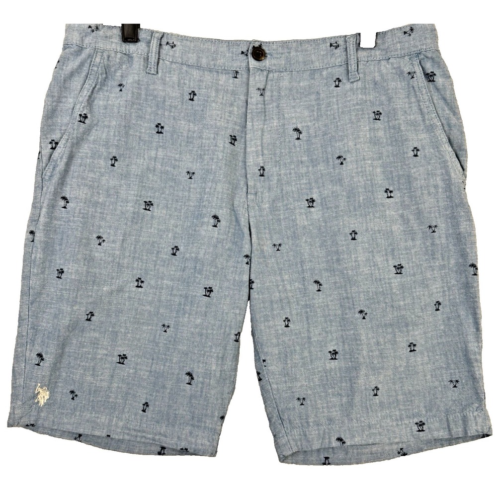 US Polo Assn All Over Embroidered Shorts Men 36 Chambray Palm trees Resort Comfy